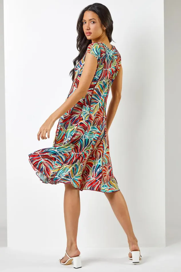 Women Red Textured Leaf Print Panel Dress Roman Dresses