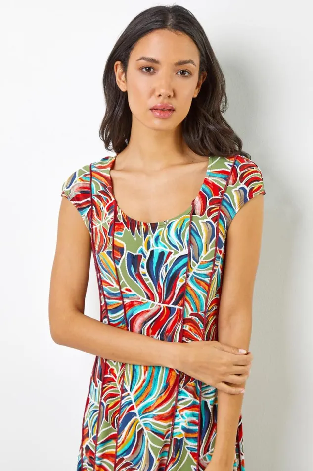 Women Red Textured Leaf Print Panel Dress Roman Dresses