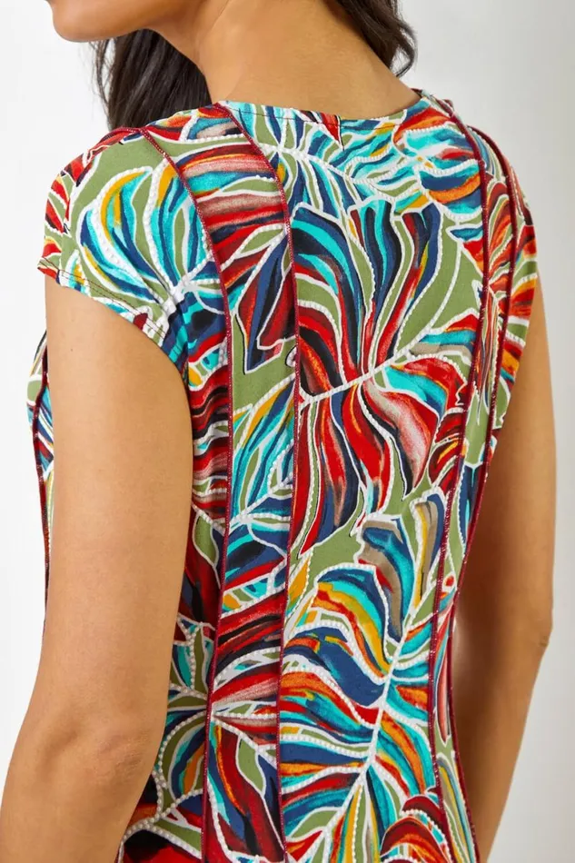 Women Red Textured Leaf Print Panel Dress Roman Dresses