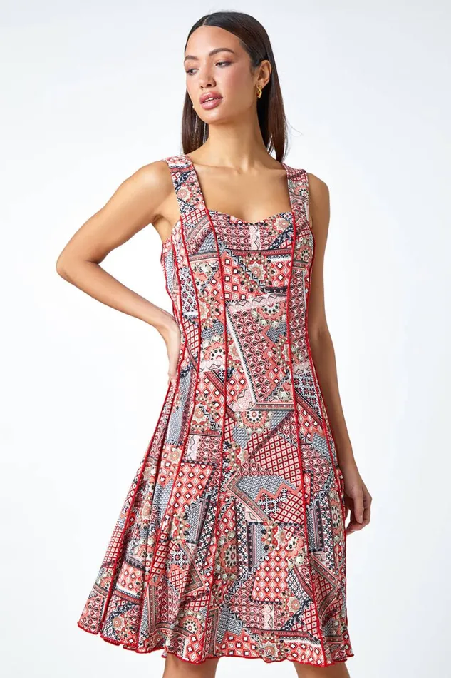 Women Red Textured Patchwork Panelled Stretch Dress Roman Dresses