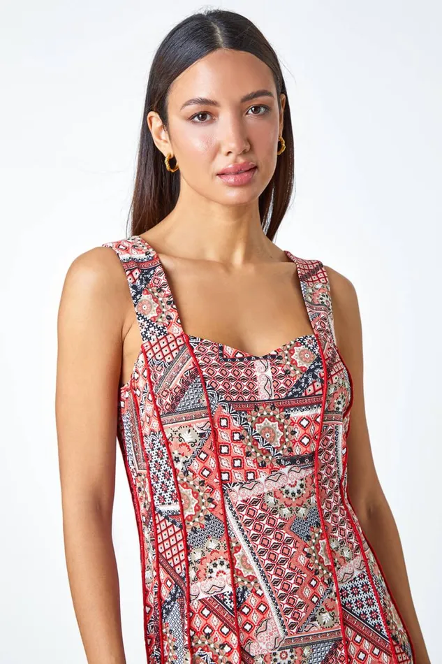 Women Red Textured Patchwork Panelled Stretch Dress Roman Dresses