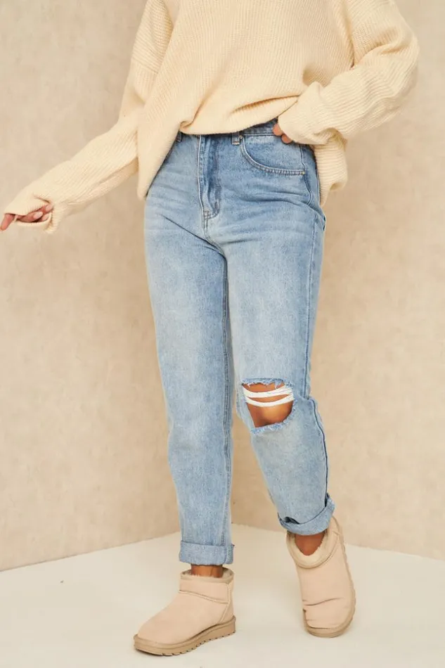 Women Ripped Mom Jean In Light Wash Blue Brentiny Paris Jeans
