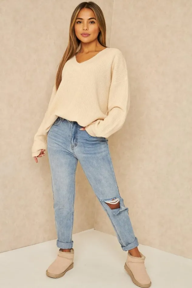 Women Ripped Mom Jean In Light Wash Blue Brentiny Paris Jeans