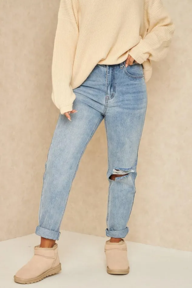 Women Ripped Mom Jean In Light Wash Blue Brentiny Paris Jeans