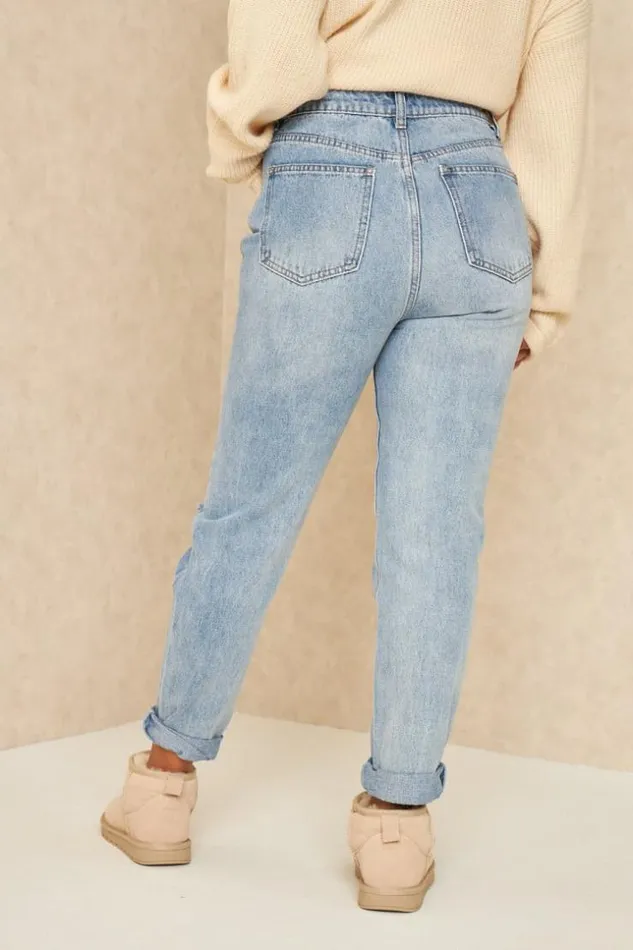 Women Ripped Mom Jean In Light Wash Blue Brentiny Paris Jeans