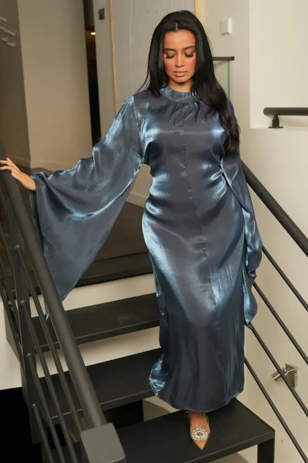 Women Robe Ample Bleue Satine Et Volant Blue Brentiny Paris Ceremonial Outfits