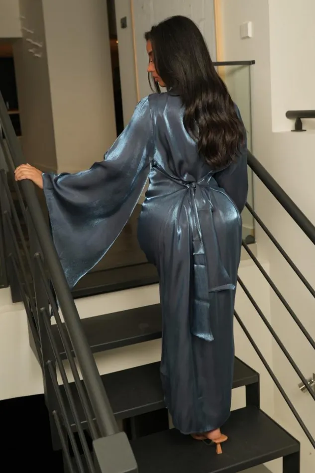 Women Robe Ample Bleue Satine Et Volant Blue Brentiny Paris Ceremonial Outfits Women Robe Ample Bleue Satine Et Volant Blue Brentiny Paris Ceremonial Outfits