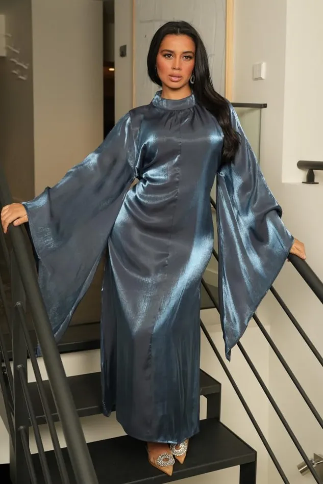 Women Robe Ample Bleue Satine Et Volant Blue Brentiny Paris Ceremonial Outfits Women Robe Ample Bleue Satine Et Volant Blue Brentiny Paris Ceremonial Outfits