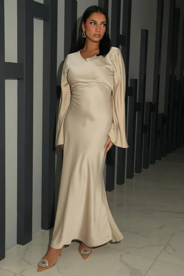 Women Robe Ample Satine Et Croise Au Dos Beige Beige Brentiny Paris Ceremonial Outfits