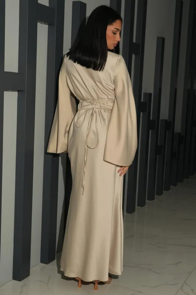 Women Robe Ample Satine Et Croise Au Dos Beige Beige Brentiny Paris Ceremonial Outfits Women Robe Ample Satine Et Croise Au Dos Beige Beige Brentiny Paris Ceremonial Outfits
