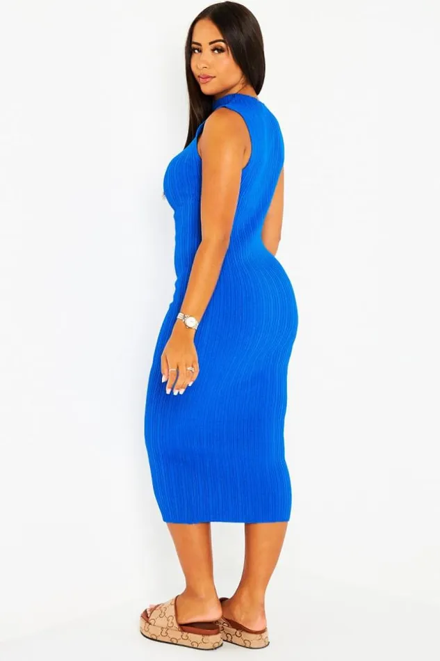 Women Robe Bleue Coupe Droite Col Montant Blue Brentiny Paris Short Dresses