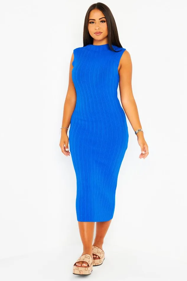 Women Robe Bleue Coupe Droite Col Montant Blue Brentiny Paris Short Dresses