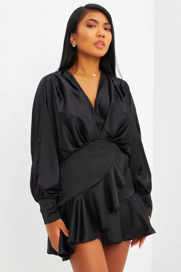 Women Robe Courte Satine Noire Volants Black Brentiny Paris Satin Dresses