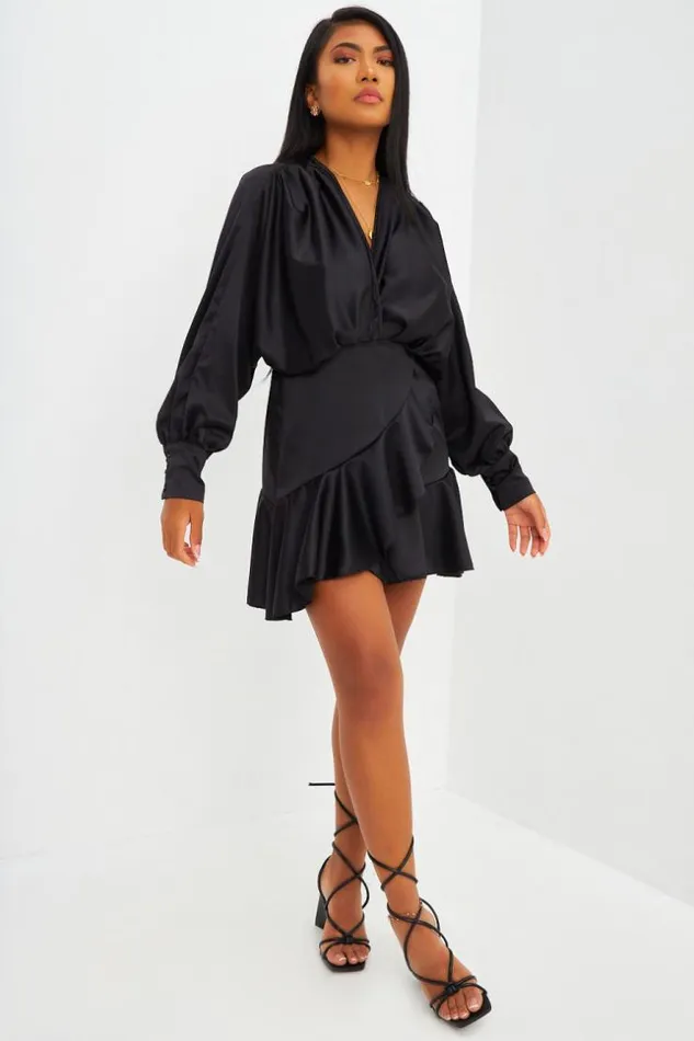 Women Robe Courte Satine Noire Volants Black Brentiny Paris Satin Dresses