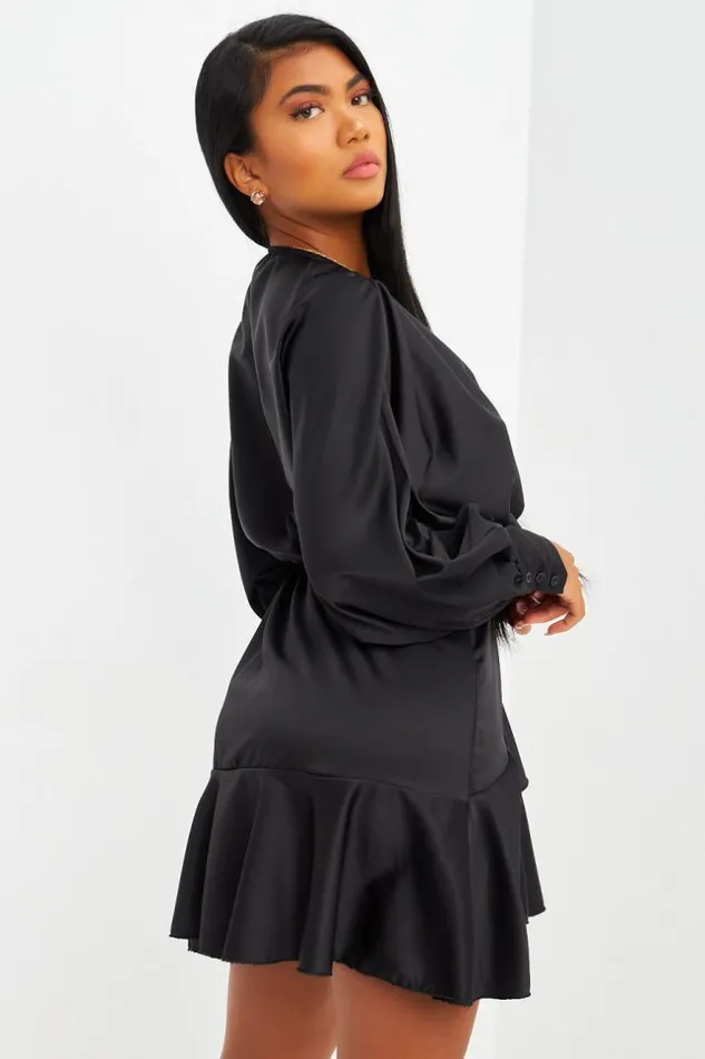 Women Robe Courte Satine Noire Volants Black Brentiny Paris Satin Dresses