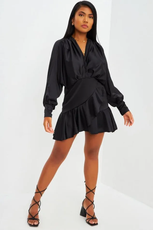 Women Robe Courte Satine Noire Volants Black Brentiny Paris Satin Dresses