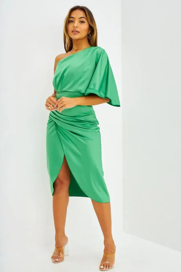Women Robe Drape Asymtrique Orange Green Brentiny Paris Satin Dresses