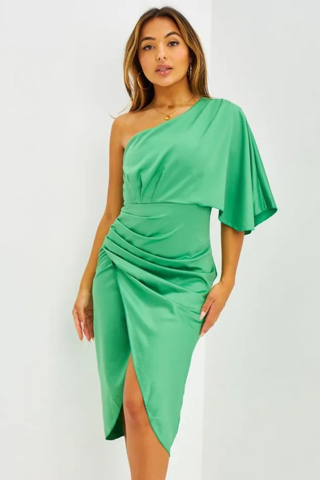 Women Robe Drape Asymtrique Orange Green Brentiny Paris Satin Dresses