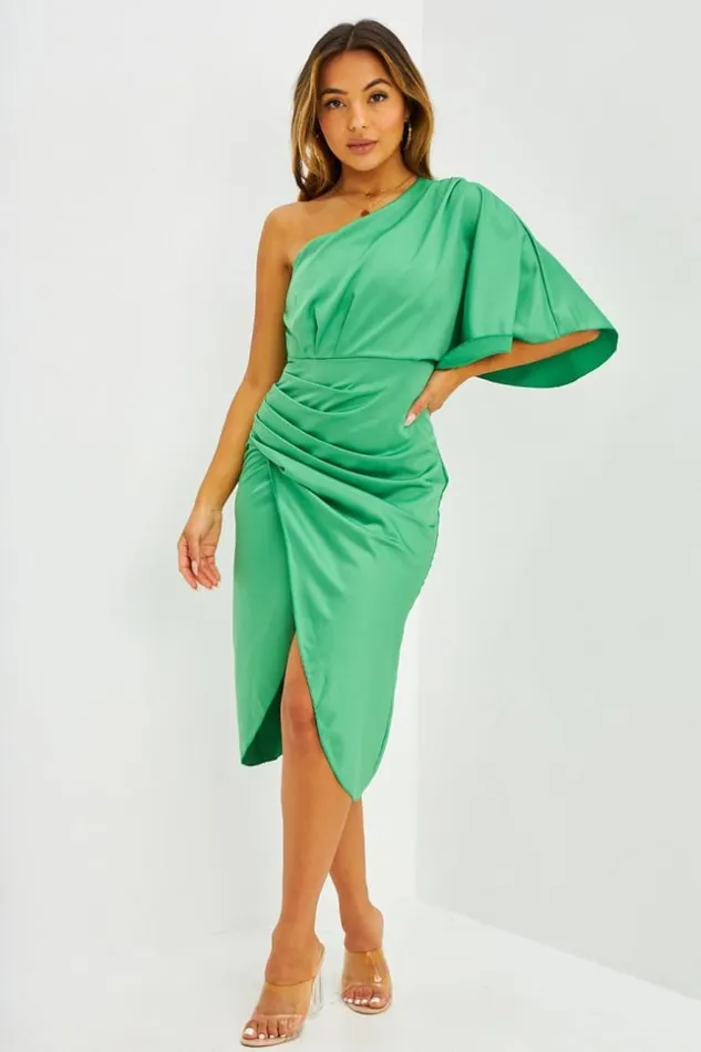 Women Robe Drape Asymtrique Orange Green Brentiny Paris Satin Dresses