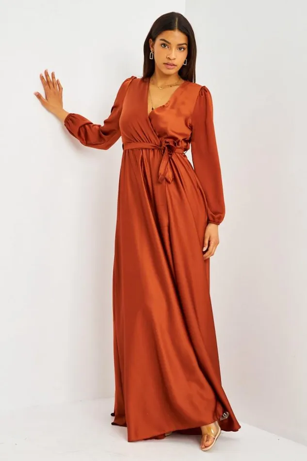 Women Robe Longue Cuivre Satine Ceinture Coppery Brentiny Paris Satin Dresses