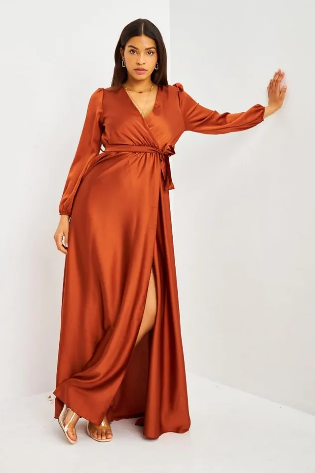 Women Robe Longue Cuivre Satine Ceinture Coppery Brentiny Paris Satin Dresses