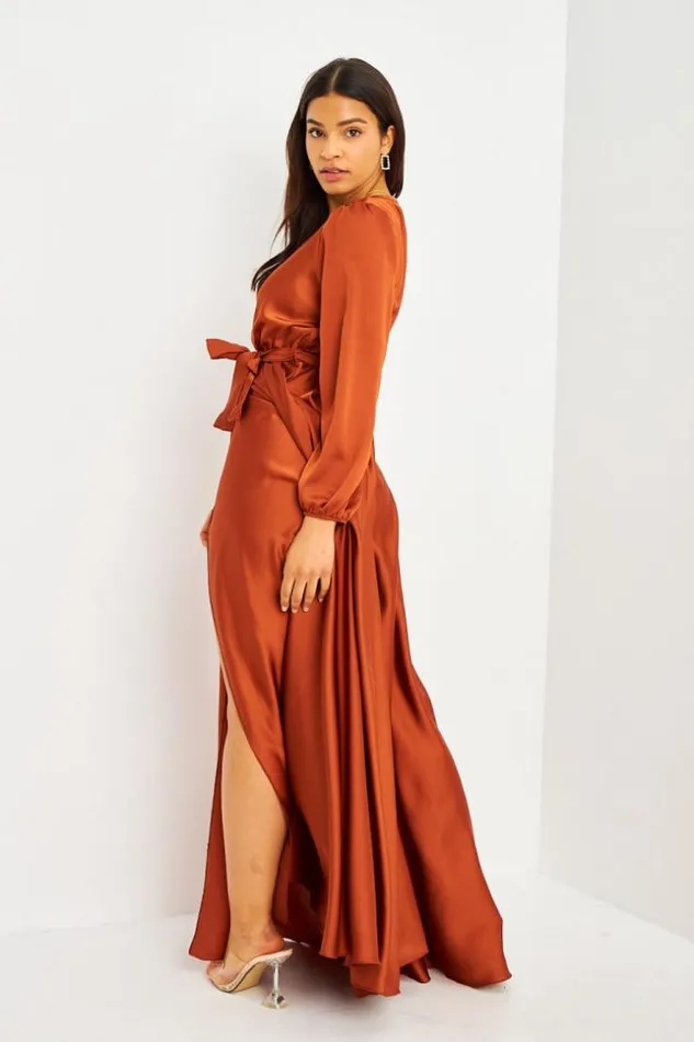 Women Robe Longue Cuivre Satine Ceinture Coppery Brentiny Paris Satin Dresses