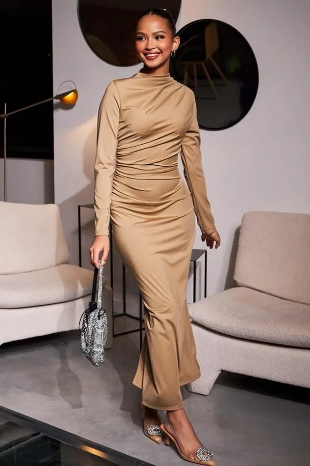 Women Robe Longue Moulante Camel Camel Brentiny Paris Short Dresses