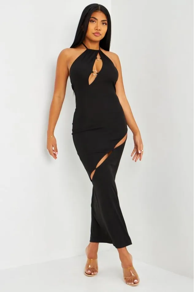 Women Robe Longue Noire Ajoure Anneaux Brentiny Paris Ceremonial Outfits