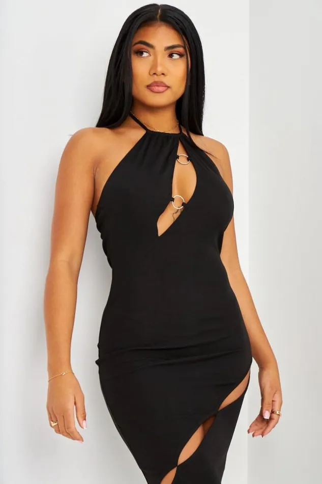 Women Robe Longue Noire Ajoure Anneaux Brentiny Paris Ceremonial Outfits