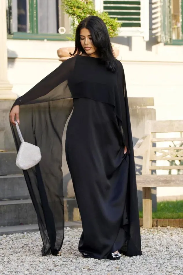Women Robe Noire Ample Satine Empicement Voile Black Brentiny Paris Short Dresses