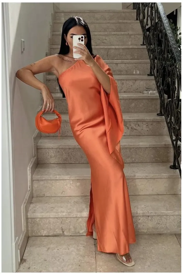 Women Robe Orange One Shoulder Satine Manche Volant Orange Brentiny Paris Ceremonial Outfits