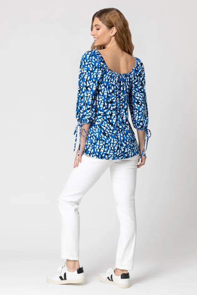 Women Royal Blue Abstract Spot Print Square Neck Top Roman Tops