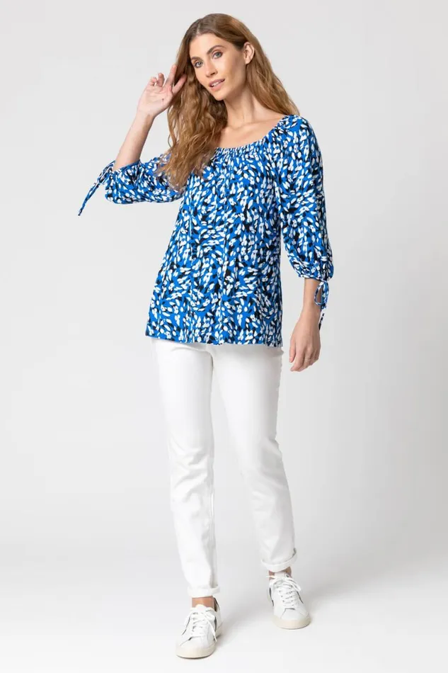 Women Royal Blue Abstract Spot Print Square Neck Top Roman Tops