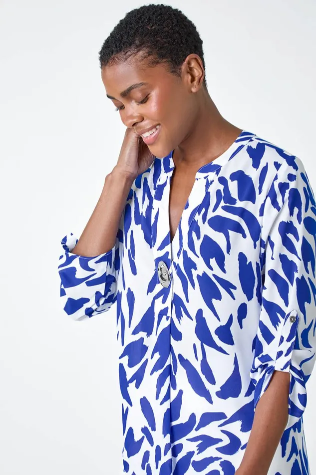Women Royal Blue Abstract VNeck Longline Button Detail Top Roman Tops