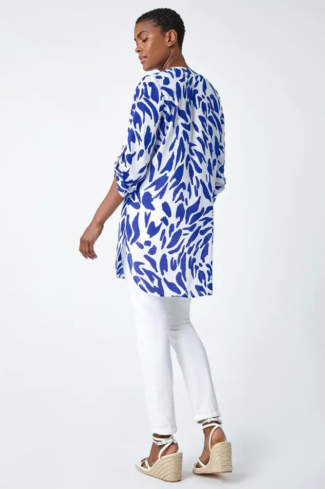 Women Royal Blue Abstract VNeck Longline Button Detail Top Roman Tops
