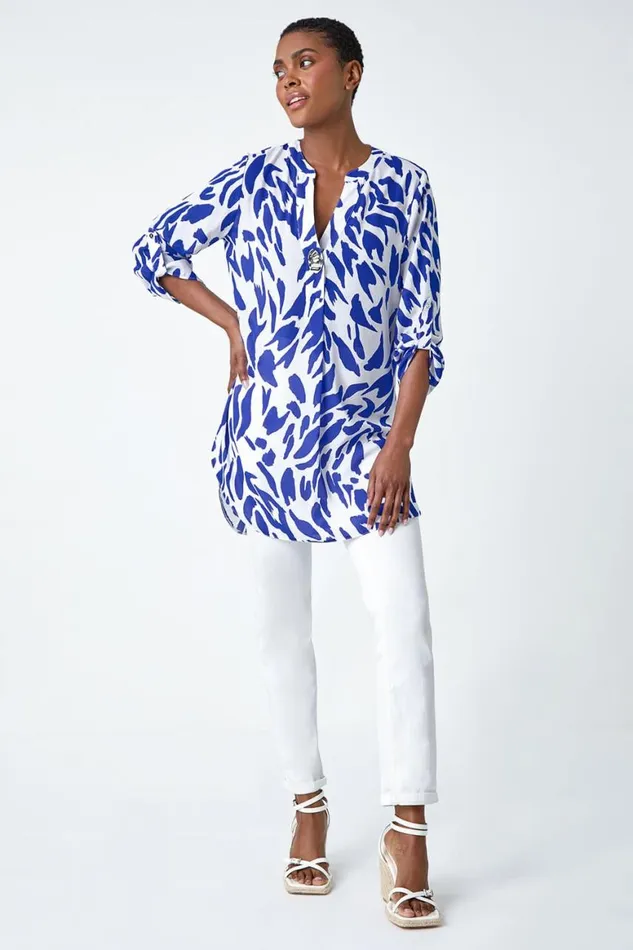 Women Royal Blue Abstract VNeck Longline Button Detail Top Roman Tops