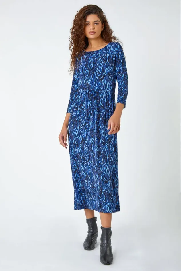 Women Royal Blue Aztec Print Stretch Midi Dress Roman Dresses