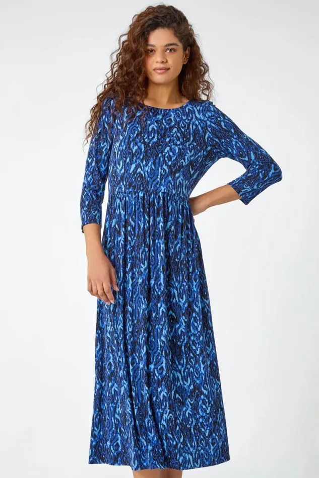Women Royal Blue Aztec Print Stretch Midi Dress Roman Dresses