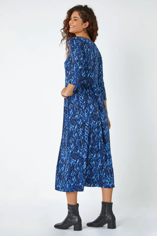 Women Royal Blue Aztec Print Stretch Midi Dress Roman Dresses