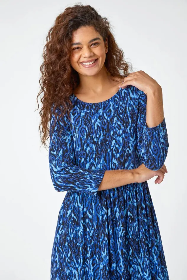 Women Royal Blue Aztec Print Stretch Midi Dress Roman Dresses
