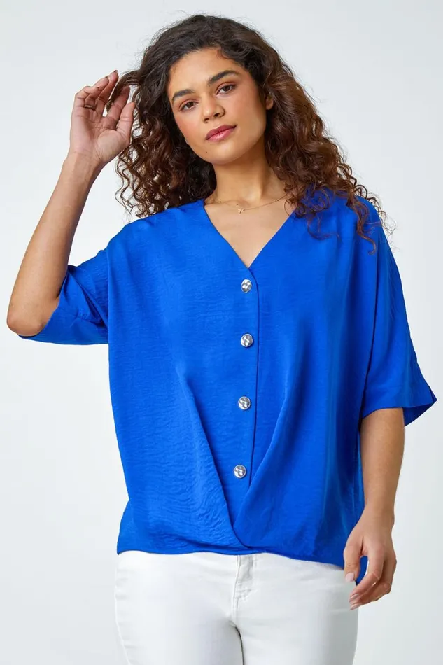 Women Royal Blue Button Front Twist Detail VNeck Top Roman Tops