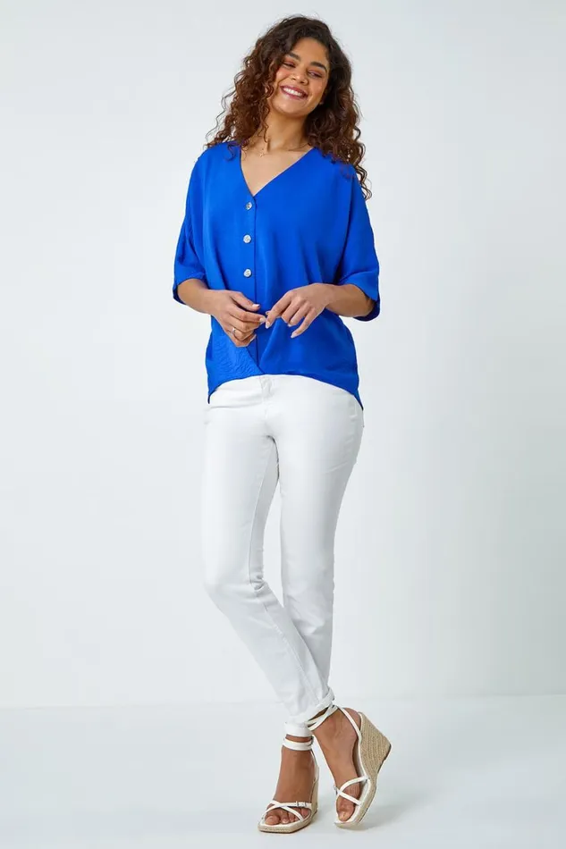 Women Royal Blue Button Front Twist Detail VNeck Top Roman Tops
