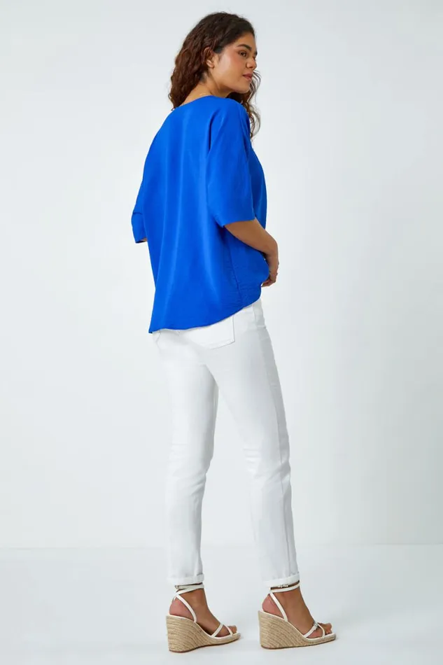 Women Royal Blue Button Front Twist Detail VNeck Top Roman Tops