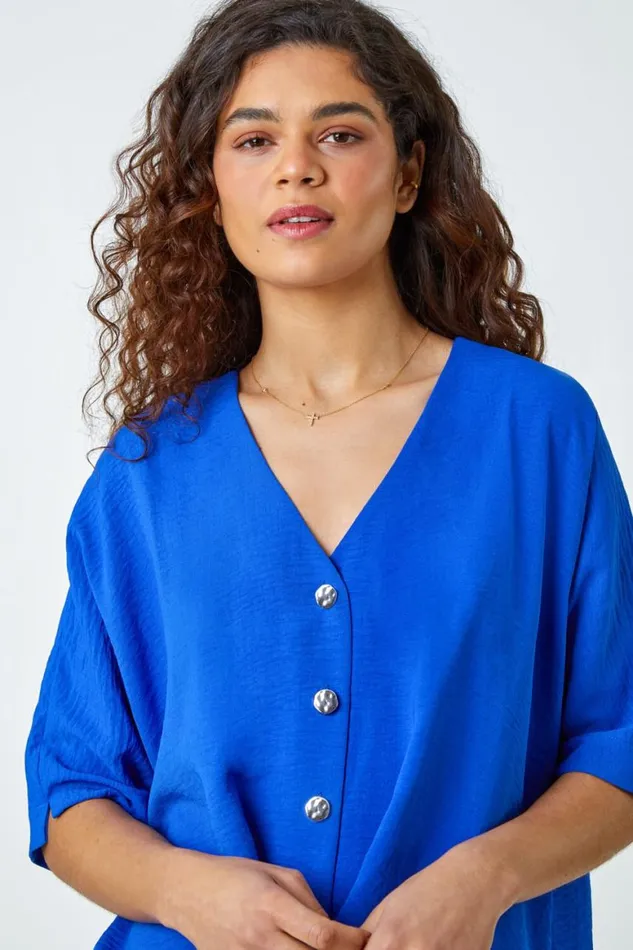 Women Royal Blue Button Front Twist Detail VNeck Top Roman Tops