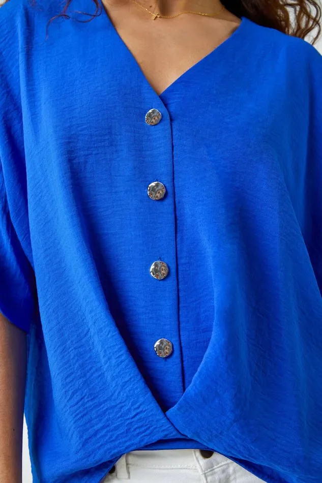 Women Royal Blue Button Front Twist Detail VNeck Top Roman Tops