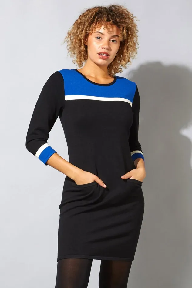 Women Royal Blue Colour Block Knitted Dress Roman Dresses
