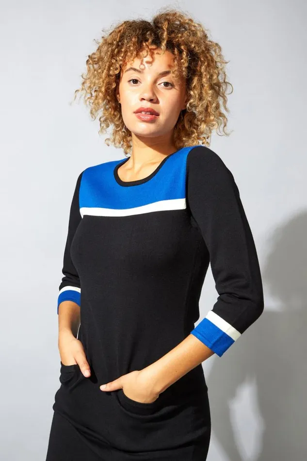 Women Royal Blue Colour Block Knitted Dress Roman Dresses
