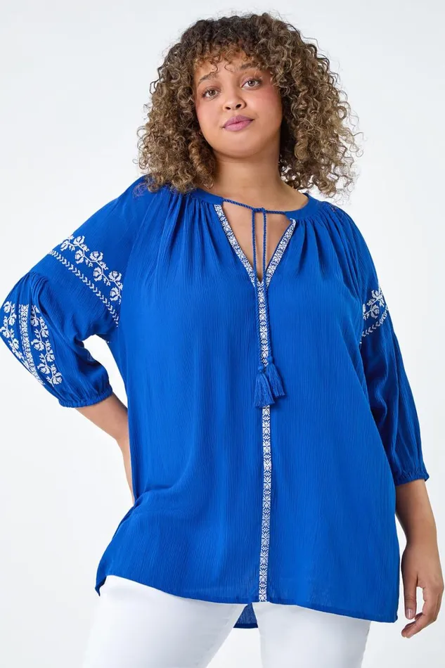 Women Royal Blue Curve Tie Neck Embroidered VNeck Smock Top Roman Tops
