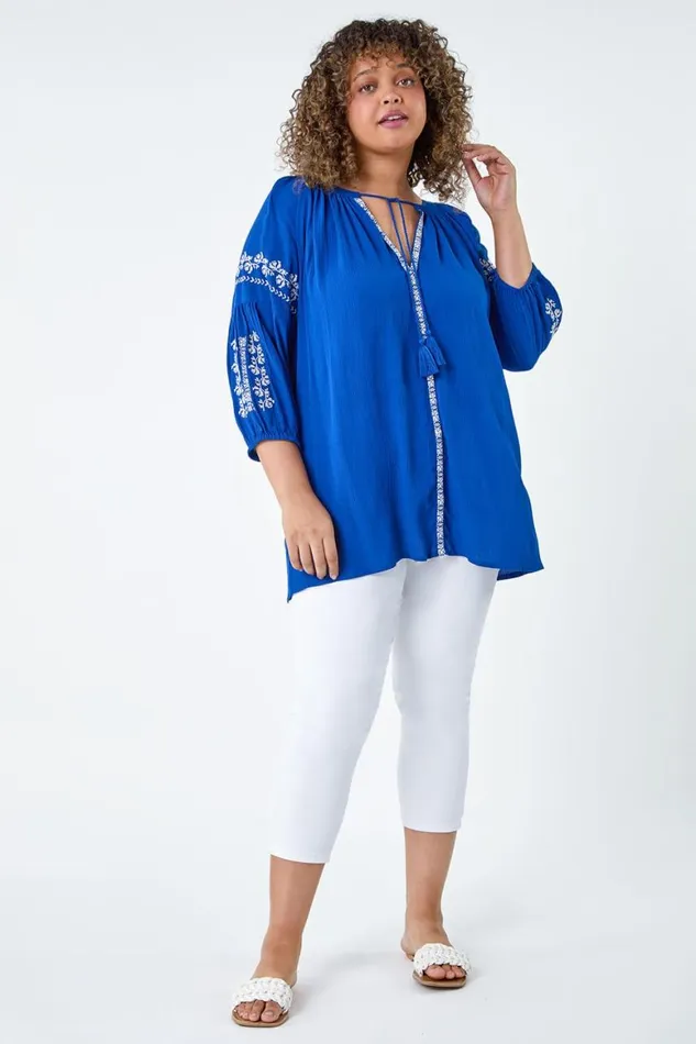 Women Royal Blue Curve Tie Neck Embroidered VNeck Smock Top Roman Tops