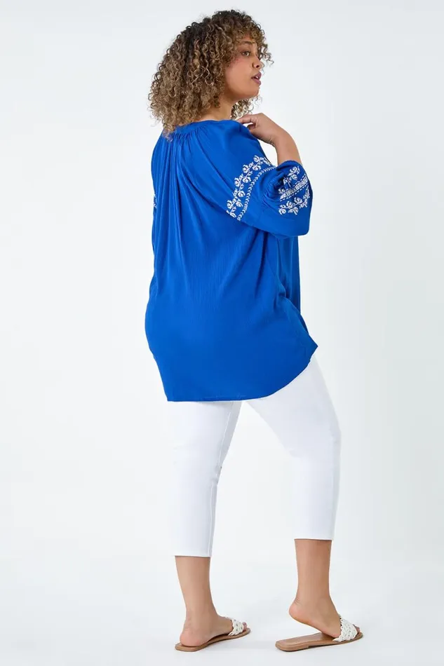 Women Royal Blue Curve Tie Neck Embroidered VNeck Smock Top Roman Tops